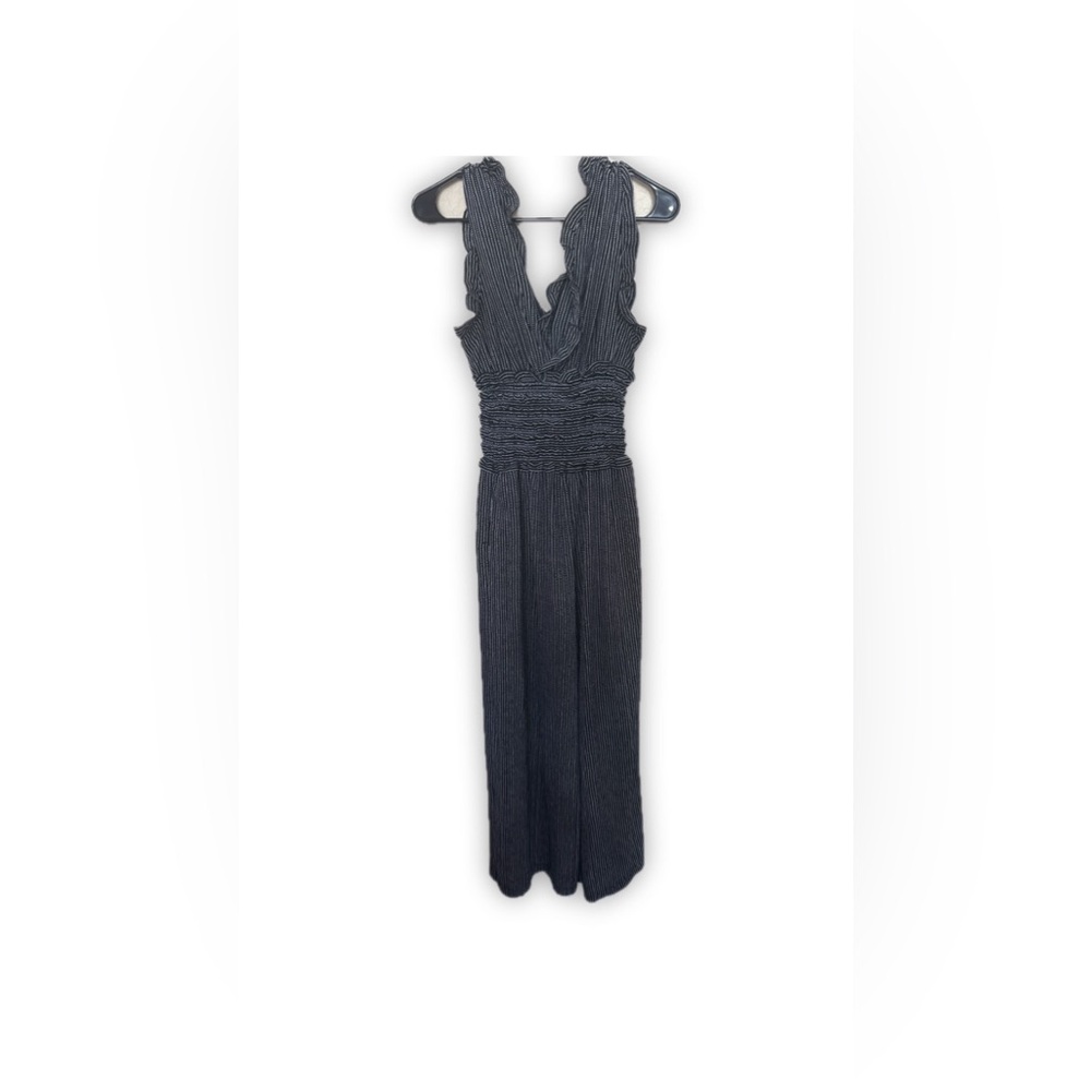 Max Studio Black and White Sleeveless Jumpsuit. Ruffled V-neck, Smocked Waist